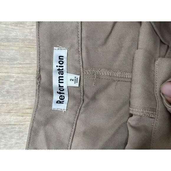 Reformation Mason High Rise Trousers Sz 2 Tan Wide Leg Khaki Twill NWTs $190 - Picture 2 of 7
